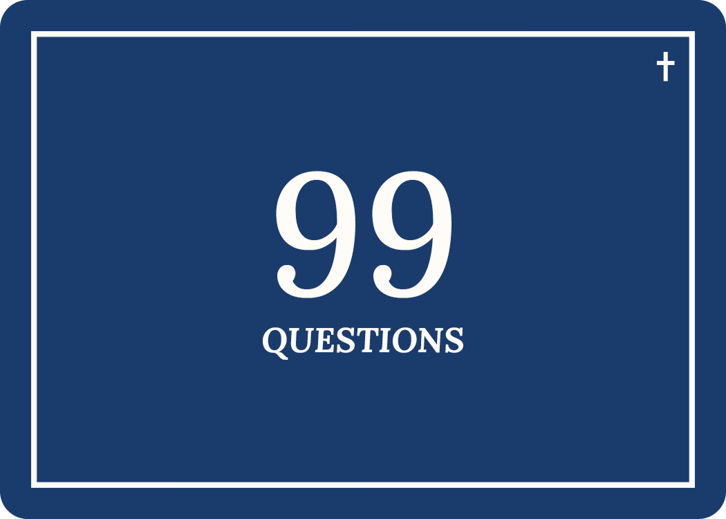 99 Questions card back. Navy with the embossed 99 Questions wordmark and a small cross.